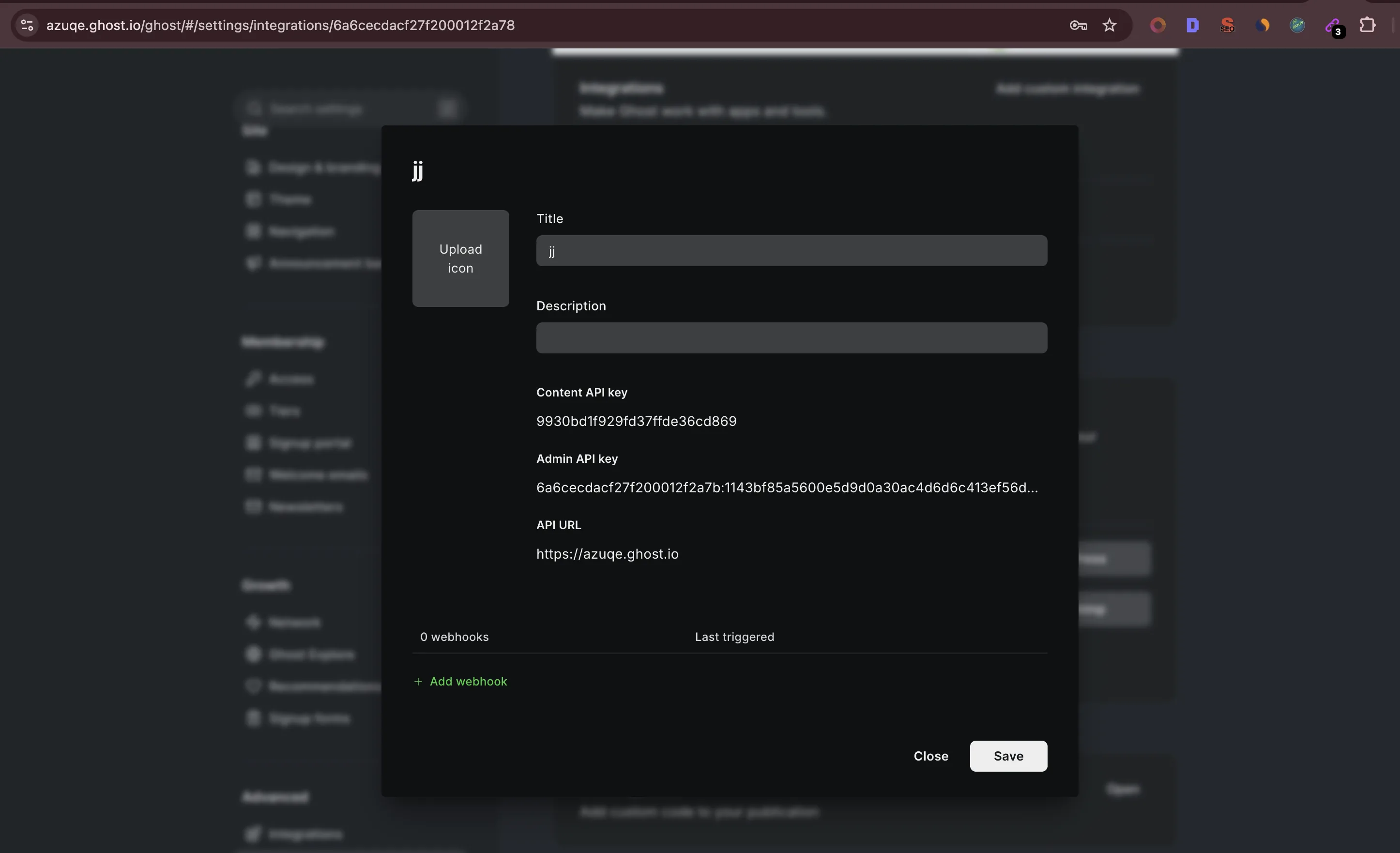 Copy the API URL and Admin API Key (format id:secret) — not the Content API Key
