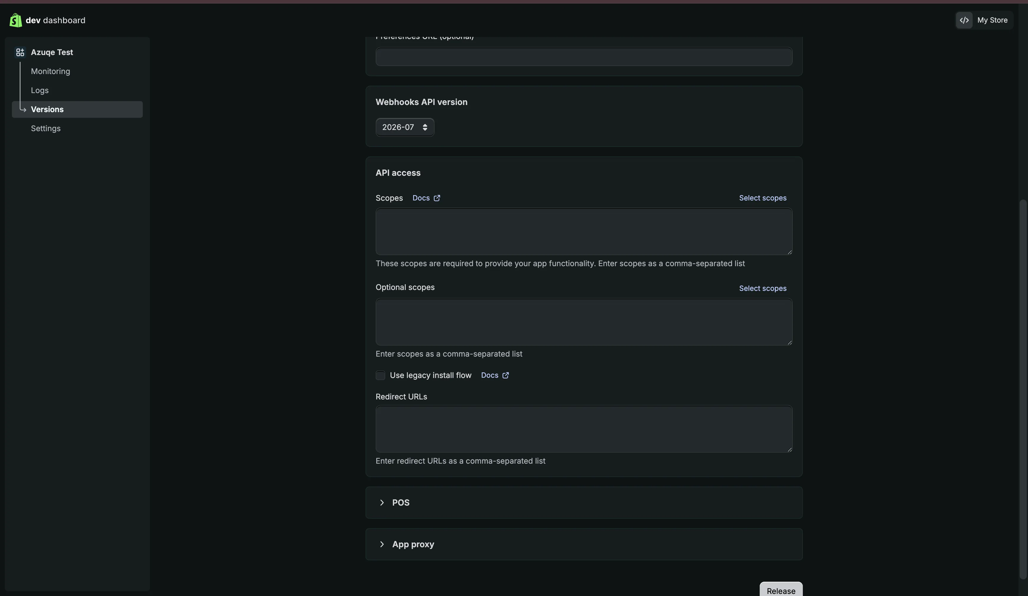 Open the Scopes tab in your Dev Dashboard app